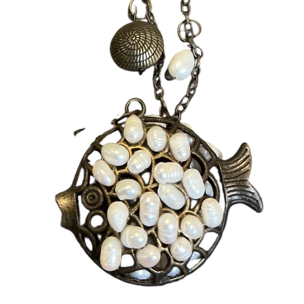 Freshwater Pearl Fish Pendant And Seashell Charm Necklace